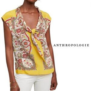 NWT Anthropologie Scarf-Printed Silk Blouse Paisley Tie Neckline - Size 6Petite